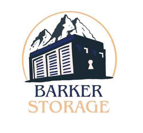 Barker Storages company logo: storage units beneath mountains