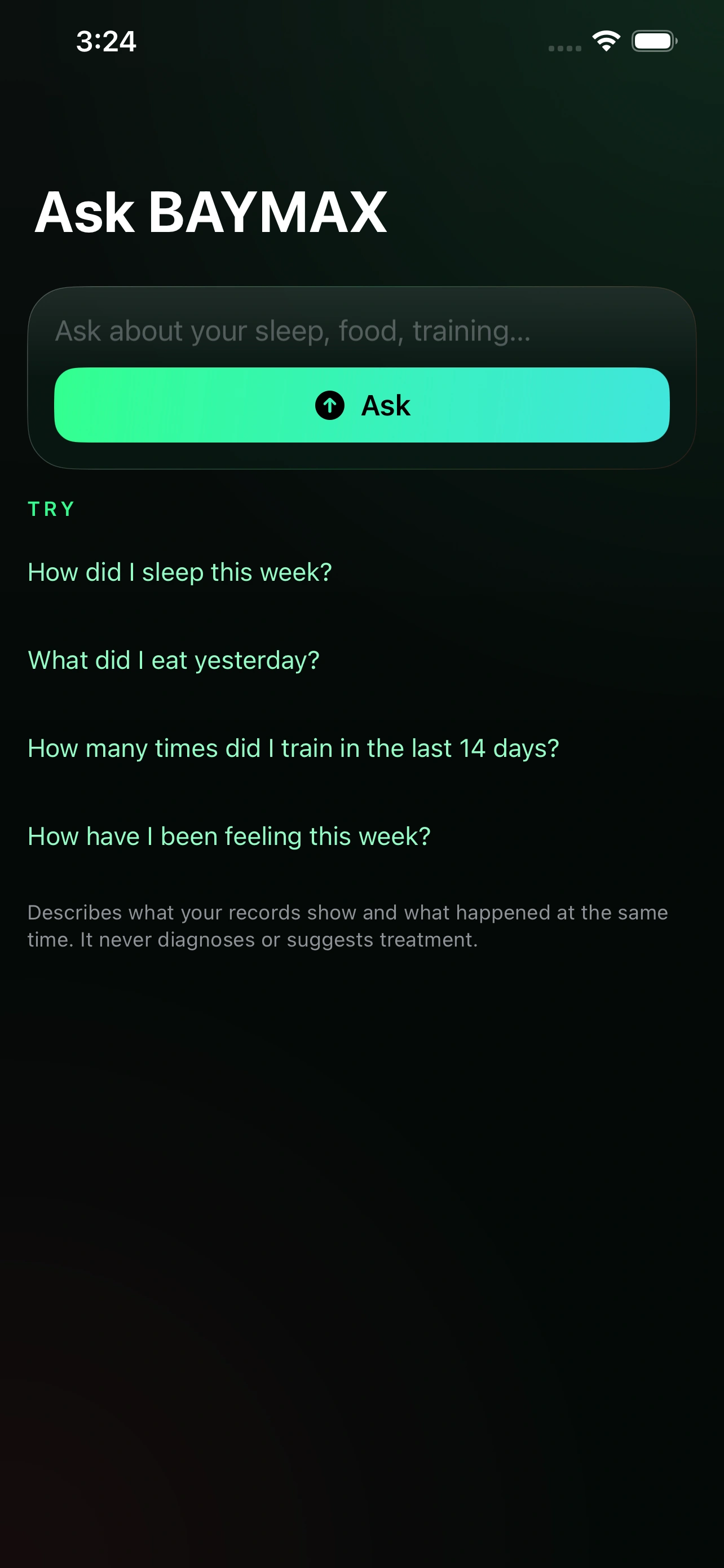Archived BAYMAX Ask entry screen before a question is submitted