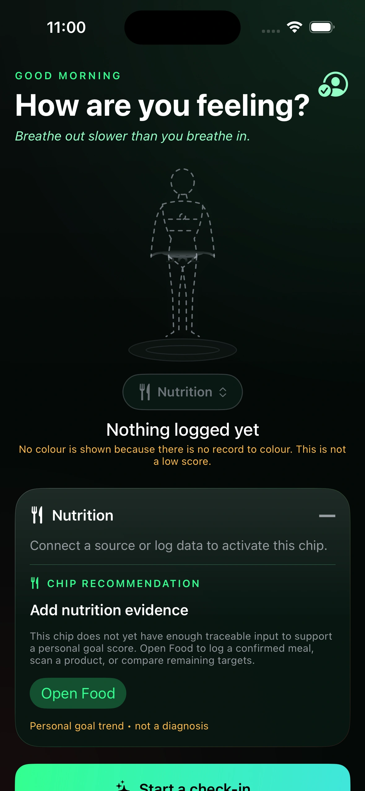 BAYMAX Nutrition interface showing an empty demo state