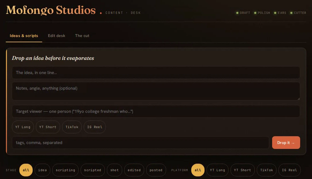 Mofongo Studios archived idea brief with target viewer, platform choices and production stages